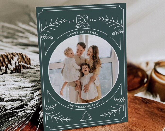 Photo Holiday Card Template, Art Deco Christmas Card, Line Art, 100% Editable Text, Change Colors, Instant Download, Templett, 5x7 #177HP