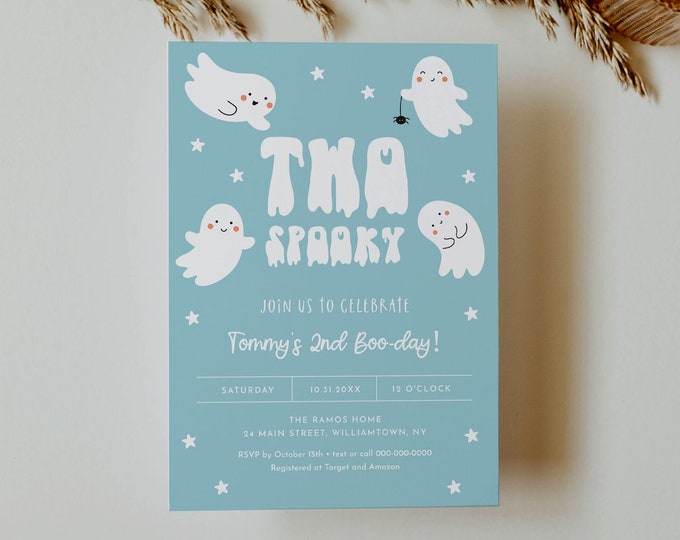 Two Spooky Birthday Invitation, Halloween 2nd Birthday Party, Boy Birthday, Cute Ghosts, Editable Template, Instant, Templett #0001-137BD