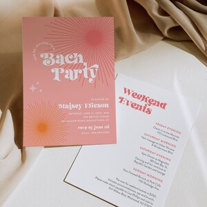 May include: Pink and orange invitation for a bachelorette party with the text "You're invited to a Bach Party" in a retro font. The invitation is for Majsey Ericson on Saturday, June 14, 20XX at 4 PM at The Brixley House, 501 Willow Road, Middletown, NY. RSVP by June 1st. The back of the invitation lists weekend events including a check-in at the Marriott, a massage at Urban Nirvana, dinner at Magnolias, dancing at Republic Garden and Lounge, and a farewell brunch at Park Cafe.