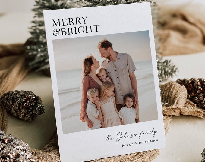 Minimalist Photo Holiday Card, Photo Christmas Card, Merry & Bright, Editable Template, Change Color, Instant Download, Templett, 5x7 #174HP