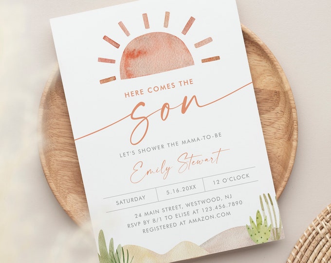 Here Comes the Son Baby Shower Invitation, Boho, Watercolor Sun, Baby Boy, Editable Template, Instant Download, Templett #0053-247BA