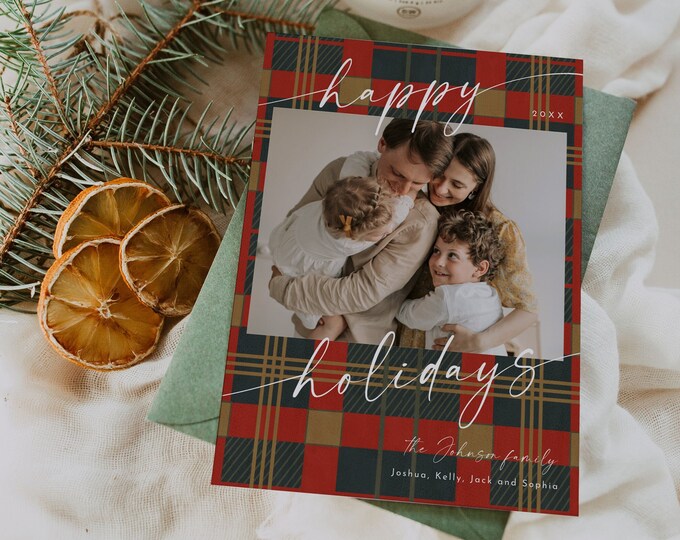 Plaid Photo Holiday Card Template, Flannel Christmas Card, Editable, Add Your Own Photos, Instant Download, Templett, 5x7 #0034-173HP