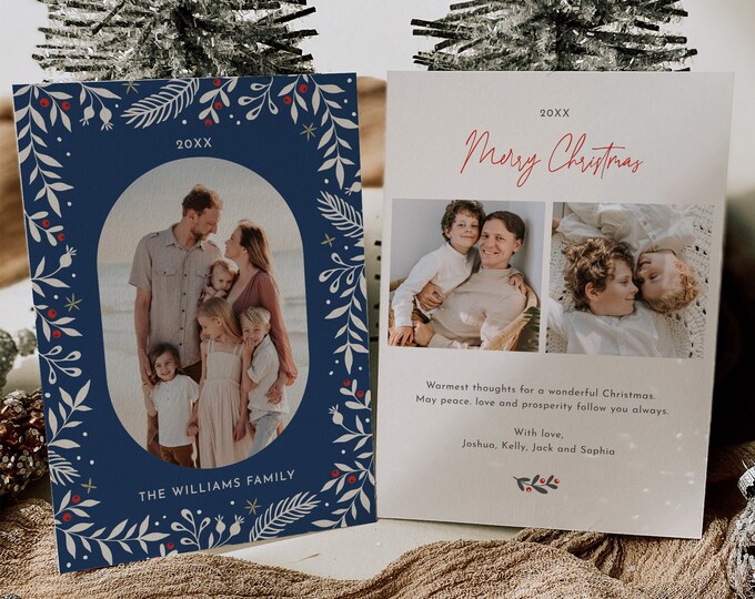 Holly Holiday Card Template, Photo Christmas Card, Winter Greenery, Editable Text, Change Colors, Instant Download, Templett, 5x7 #2
