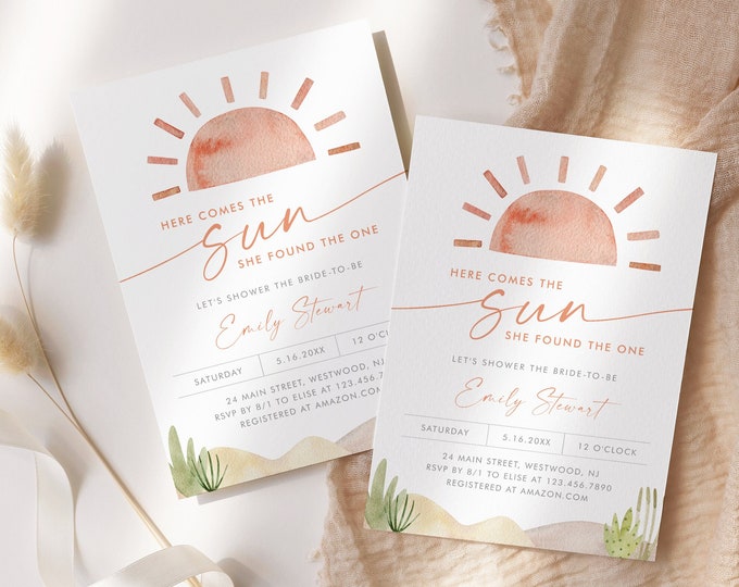 Here Comes the Sun Bridal Shower Invitation, Boho, Watercolor,She Found the One, Editable Template, Instant Download, Templett #0053-354BS