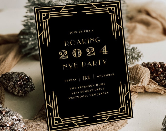 New Years Eve Party Invitation, Roaring 2024, Art Deco, NYE Party Invite, Editable Template, Instant Download, Templett #0021-101NYE