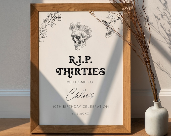 40th Birthday Party Welcome Sign, RIP Thirties, Skeleton, Gothic, Editable Template, Instant Download, Templett, 18x24, 24x36 #0045-347LS