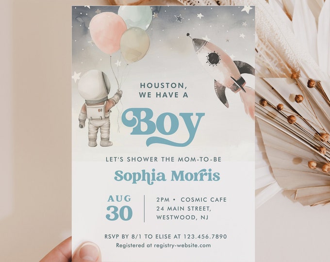 Space Baby Shower Invitation, Houston We have a Boy, Girl, Astronaut, Planets, Editable Template, Instant Download, Templett #0052B-245BA