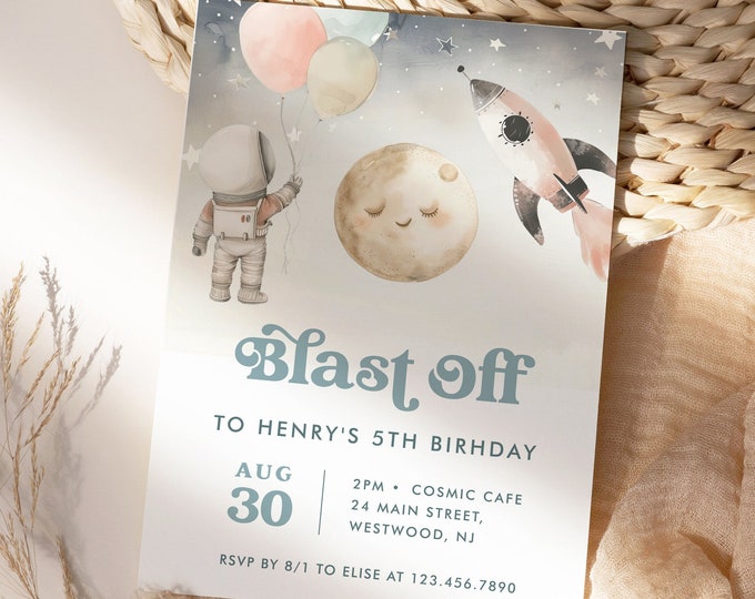 Space Birthday Party Invitation, Blast Off, Rocket, Planets, Astronaut, Galaxy, Editable Template, Instant Download, Templett #0052B-142BD