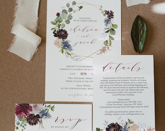 Wedding Invitation Template, Printable Wedding Suite, INSTANT DOWNLOAD, 100% Editable, Invite, RSVP & Details, Floral Burgundy / Gold #040