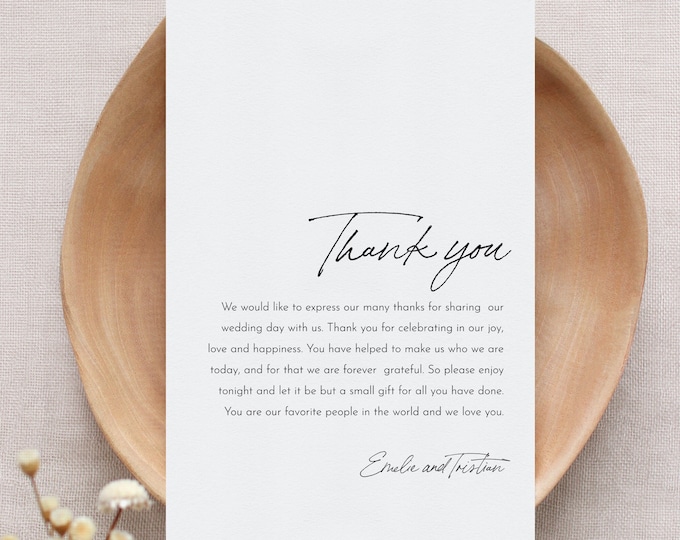 Minimalist Thank You Letter, Modern Napkin Note, Printable Menu Thank You, Editable Template, Instant Download, Templett 4x6 #0024-167TYN