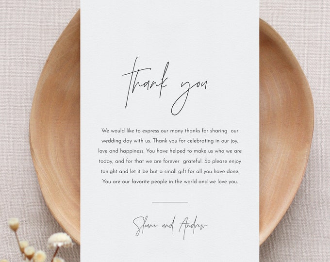 Modern Thank You Letter, Napkin Note, Printable Minimal Menu Thank You, Editable Template, Instant Download, Templett 4x6 #0026-168TYN