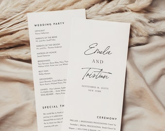 Modern Wedding Program Template, Minimal & Simple Order of Service, Editable, Printable, Instant Download, Templett, 4x9 #0024-264WP