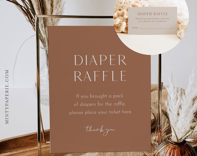 Terra Cotta Diaper Raffle Game, Minimalist Baby Shower Diaper Raffle Insert and Sign, Editable Template, INSTANT DOWNLOAD #0020-290BASG