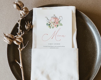 Tea Party Menu Template, Teapot Wedding Menu Card, Printable Bridal Shower Menu, Editable Text, Instant Download, Templett #085C-176WM