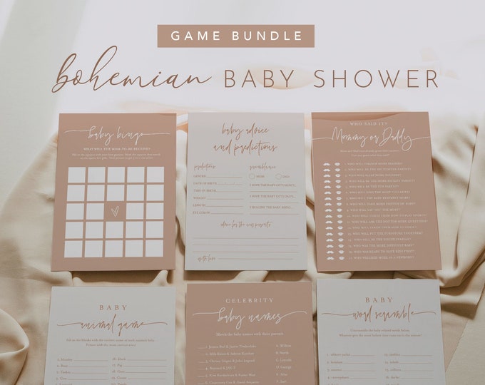 Minimalist Baby Shower Game Bundle, 16 Games, Boho Terracotta, Editable Template, Personalize, Instant Download, Templett #0009C-BBGB