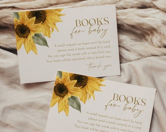 Sunflower Books for Baby Card, Summer Book Request, Baby Shower Invitation Book Insert, 100% Editable Text, Instant, Templett #047-138BFB