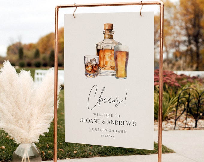 Bourbon and Brews Welcome Sign, Beer, Whiskey, Modern, Bridal / Couples Shower, Editable Template, Templett, 18x24, 24x36 #0026D-298LS