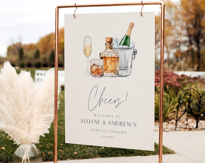 Bourbon and Bubbles Welcome Sign, Champagne, Whiskey, Modern, Bridal / Couples Shower, Editable Template, Templett, 18x24, 24x36 0026H-298LS