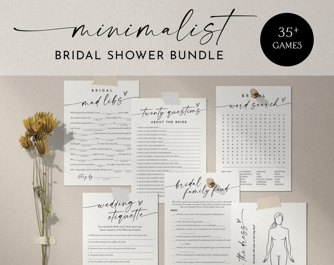 Minimalist Bridal Shower Game Bundle, 38 Games, MEGA Wedding Shower Games, Editable Templates, Instant Download, Templett #0034W-BGB