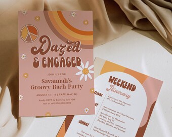 Groovy Bachelorette Invitation & Itinerary Timeline, Dazed and Engaged, Retro, 70s, Hippie, Editable Template, Instant, Templett #051-146BP