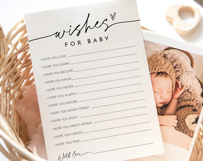 Wishes For Baby Card, Advice for Baby, Minimalist Baby Shower, Gender Neutral, Editable Template, INSTANT, Templett, 5x7 #0032-29BAG