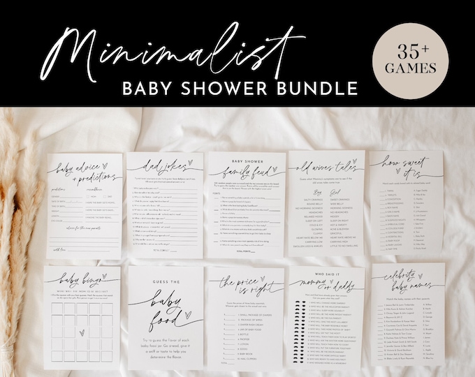 Baby Game Bundle, 42 Games, Modern Minimalist Baby Shower, Editable Template, Advice, Trivia, Diaper Raffle, Instant, Templett #0032-BBGB