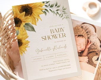 Invito per baby shower a tema girasole, invito per baby shower estivo a tema girasole, boho autunnale, modello modificabile, istantaneo, Templett #047-211BA