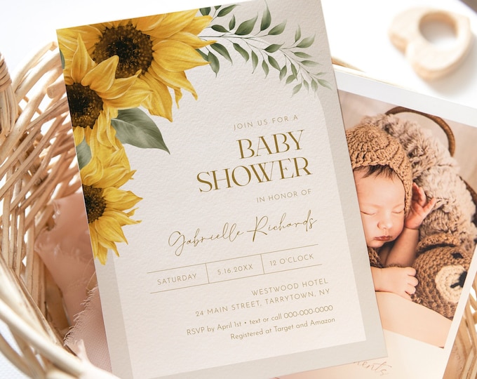 Sunflower Baby Shower Invitation, Summer Sunflower Baby Shower Invite, Boho Fall, Editable Template, Instant, Templett #047-211BA