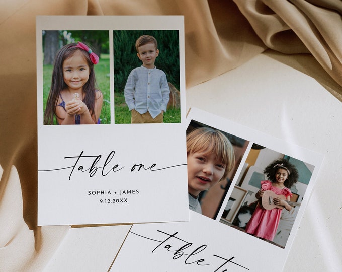 Photo Table Number Card, Childhood Pictures, Minimalist Wedding Table, Add Your Image, Editable Template, Instant, 5x7, 8x10 #0034W-222TC