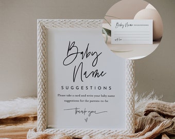 Pomysły na imiona dla dzieci, propozycje imion dla dzieci, szyld i bilet, minimalistyczny baby shower do druku, neutralność płciowa, edytowalny szablon nr 0009-397BASG