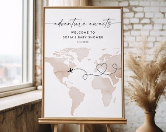 Travel Baby Shower Welcome Sign, World Map, Gender Neutral, International, Instant Download, Editable Template, Templett #0039-352LS