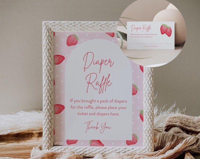 Strawberry Diaper Raffle Game, Printable Summer Girl Baby Shower Diaper Raffle Insert and Sign, Editable Template, Instant #0041-122DR