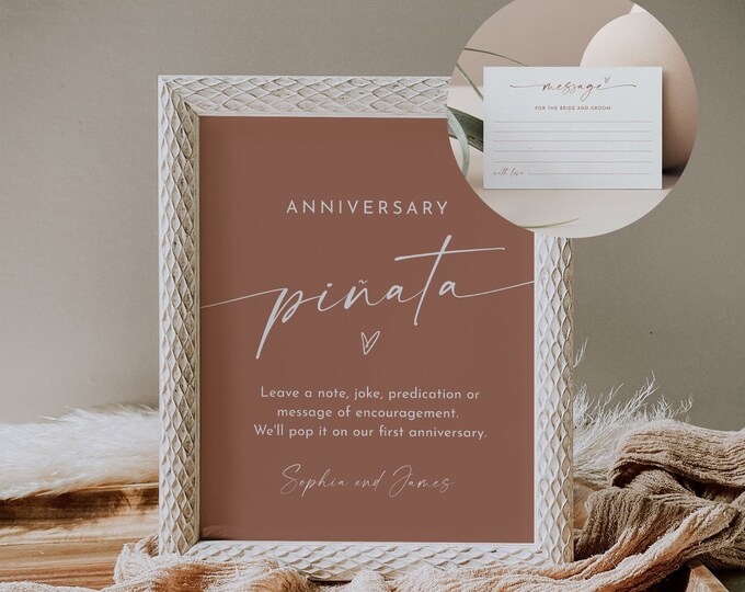 Anniversary Piñata Sign and Advice Card, Wedding Guestbook Alternative, Wedding Pinata Sign, Editable Template, Instant Download  #0034T-68S