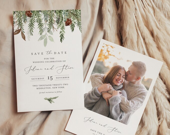 Winter Save the Date Template, 100% Editable Text, Pine Tree Wedding Date Card, DIY, Templett, Digital, Instant Download, 4x6 #0017-187SD