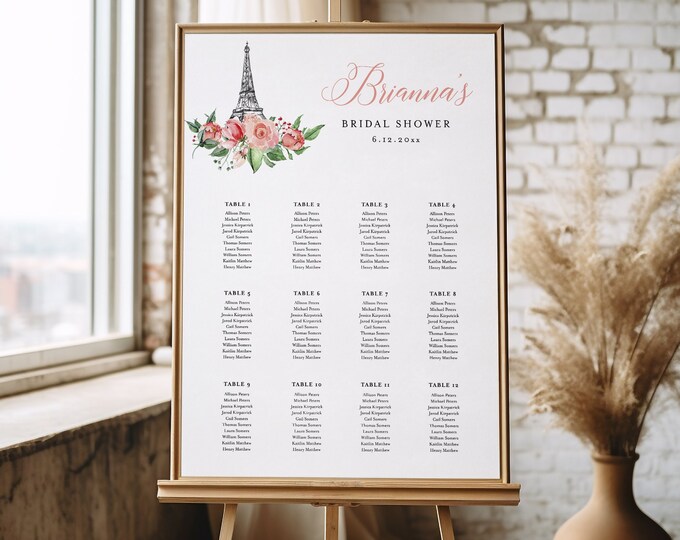 Paris Seating Chart Poster, Eiffel Tower Bridal Shower, Baby Shower Seating Sign, Instant Download, Editable Template, Templett #001-298SC