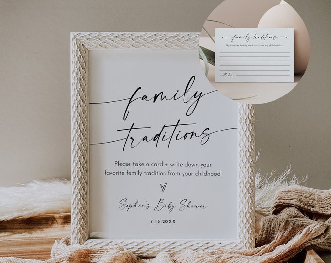 Family Traditions Sign and Card, Baby Shower, Share a Memory, Childhood Memory, Editable Template, Instant Download, Templett #0034W-46S