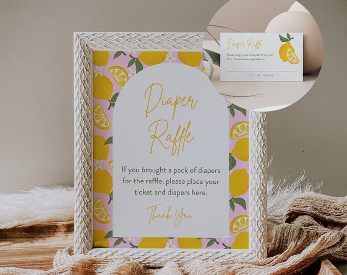 Lemon Diaper Raffle Game, Printable Summer Citrus Baby Shower Diaper Raffle Insert and Sign, Editable Template, Instant #0046-123DR