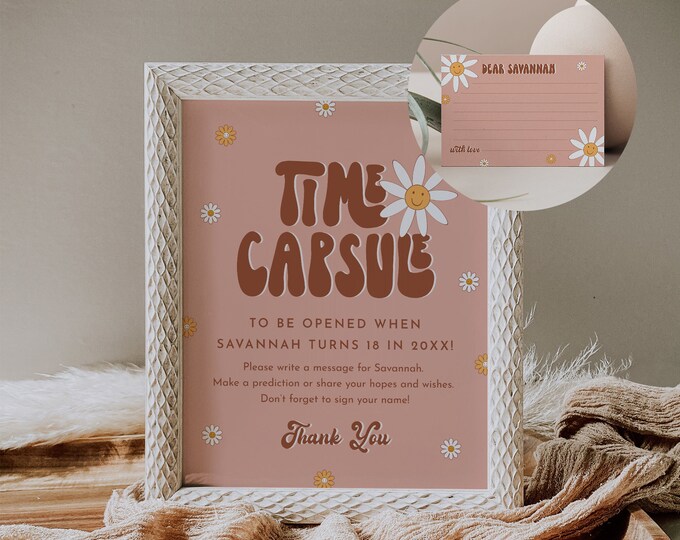 Groovy Baby Time Capsule Sign, Retro Baby Shower, Baby Wishes Card, Editable Template, Printable, Instant Download, Templett #051-25BAG