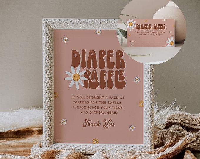 Groovy Baby Diaper Raffle Game, Hippie Retro 70's Baby Shower Game, Raffle Ticket Insert and Sign, Editable Template, Instant #051-118DR