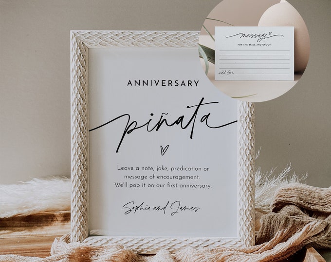 Anniversary Piñata Sign and Advice Card, Wedding Guestbook Alternative, Wedding Pinata Sign, Editable Template, Instant Download  #0032-68S