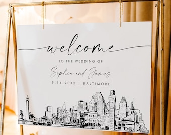 Baltimore Welcome Sign, City Skyline Wedding Sign, Printable Instant Download, Editable Template, Templett, 18x24, 24x36 #0047-353LS