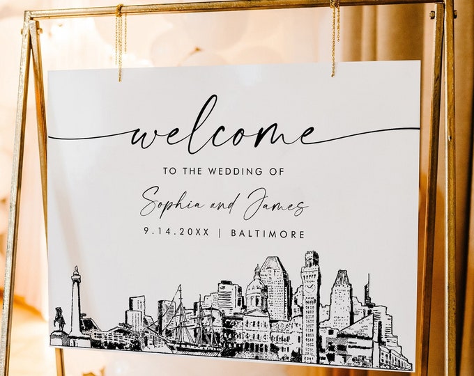 Baltimore Welcome Sign, City Skyline Wedding Sign, Printable Instant Download, Editable Template, Templett, 18x24, 24x36 #0047-353LS