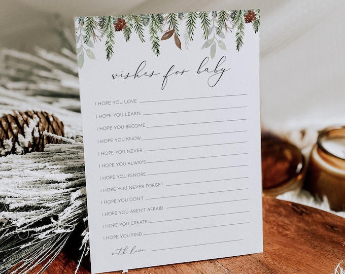 Wishes For Baby Card, Advice for Baby, Winter Pine Baby Shower, 100% Editable Template, INSTANT DOWNLOAD, Templett, 5x7 #0017-361BASG