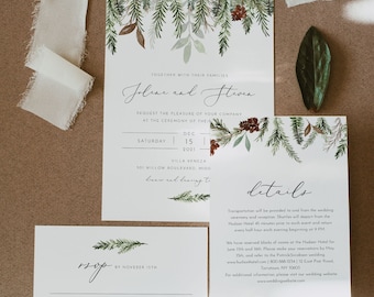 Wedding Bundle Forest Wedding Invitation Kit Instant Holiday Wedding Christmas Wedding Invitation BEATA Winter Pine Wedding Invitation