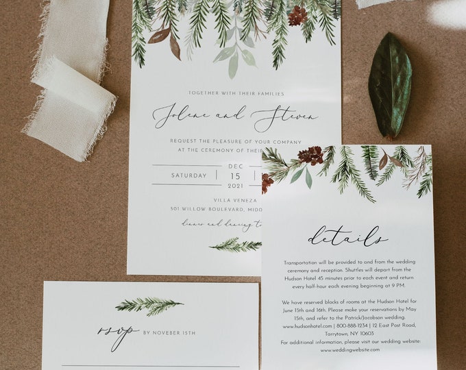 Winter Wedding Invitation Set, Minimalist Pine Wedding Invite, RSVP, Detail, Christmas, Editable Template, Instant Download, Templett #0017