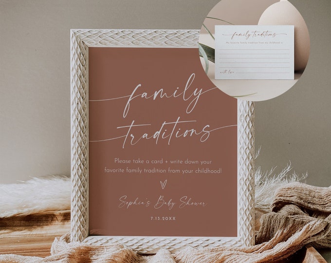 Family Traditions Sign and Card, Boho Baby Shower, Share a Memory, Childhood Memory, Editable Template, Instant, Templett #0034T-46S