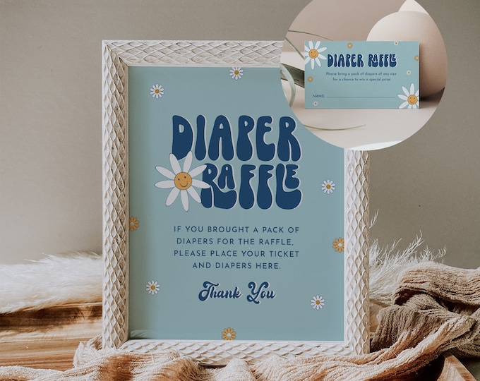 Groovy Baby Diaper Raffle Game, Hippie Retro 70's Boy Baby Shower Game, Raffle Ticket Insert and Sign, Editable Template, Instant #051-118DR