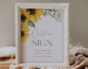 Sunflower Custom Sign Template,  Summer Wedding, Bridal Shower, Baby Shower, Unlimited Custom Signs, 100% Editable Text, Templett #047-213CS