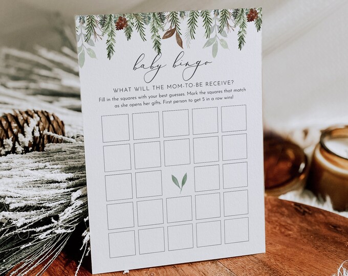 Baby Bingo Game, Printable Winter Pine Baby Shower Game Template, Modern Bingo, Instant Download, Editable, Templett #0017-357BASG