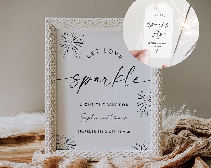 Sparkler Send Off Sign and Tag, Modern Minimalist Wedding, 100% Editable Template, Personalize Sparkler Sign and Tag, Templett #0034W-106SPR